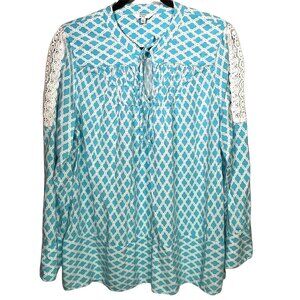 Crown & Ivy Womens XL Blue White Boho Blouse Long Sleeve Lace Trim Top